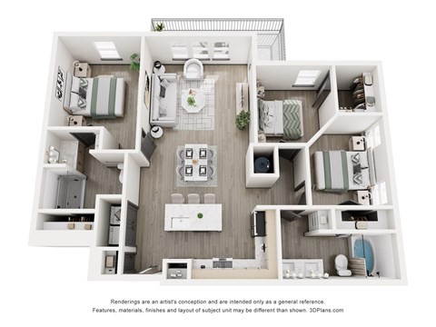A 3D floor plan of a small apartment with a kitchen, living room, and two bedrooms.